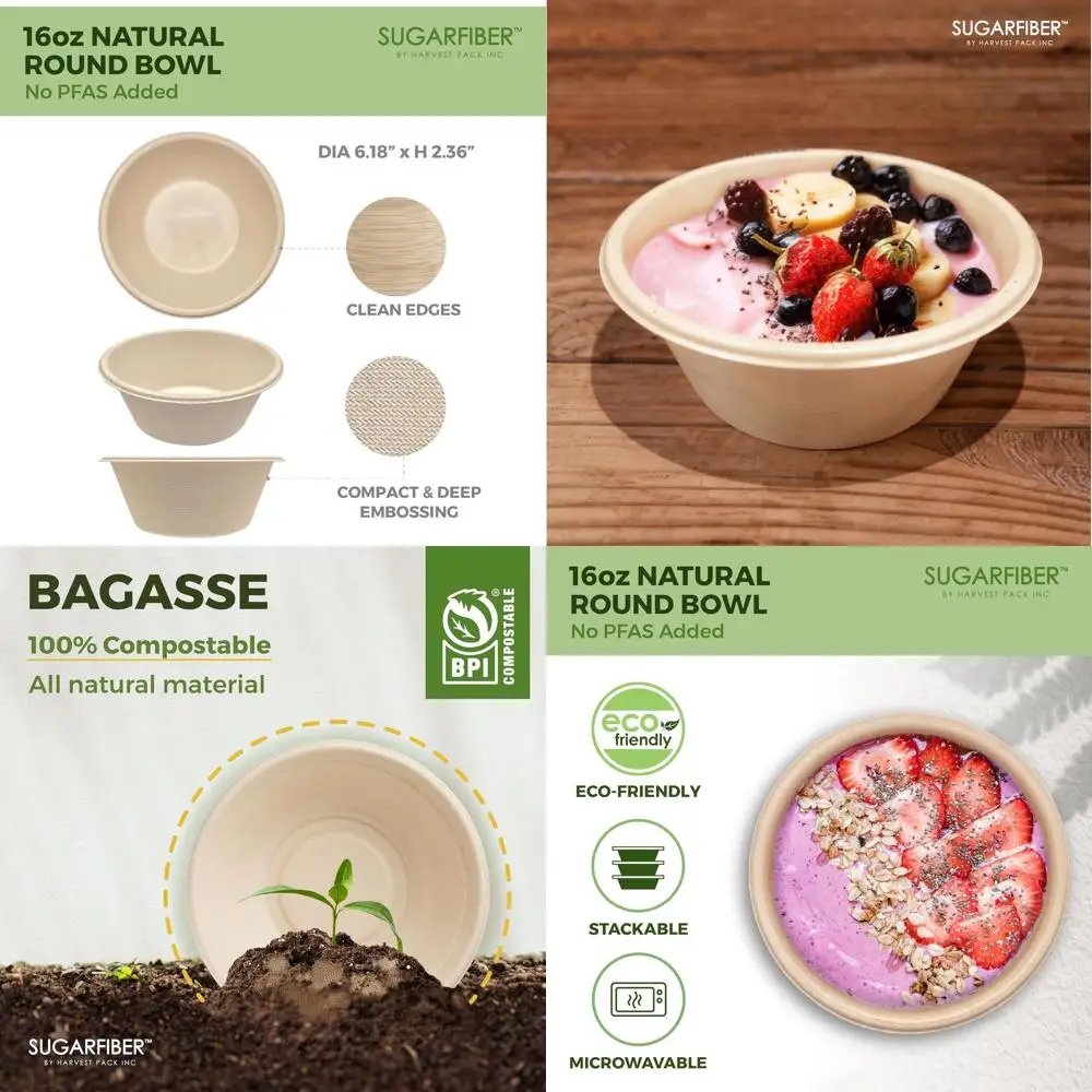 

Compostable 16oz Round Paper Bowls, Bulk Pack, Heavy-Duty Bagasse, Eco-Friendly, Natural Plant Fibers, Ideal for Acai Bowls, Mea