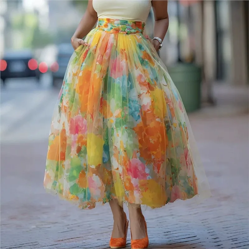 Elegant Color Blocked Women's Clothing Bohemian Fashion Big Hem A-line Half Skirt Summer Beach Vacation Versatile  Half Skirts