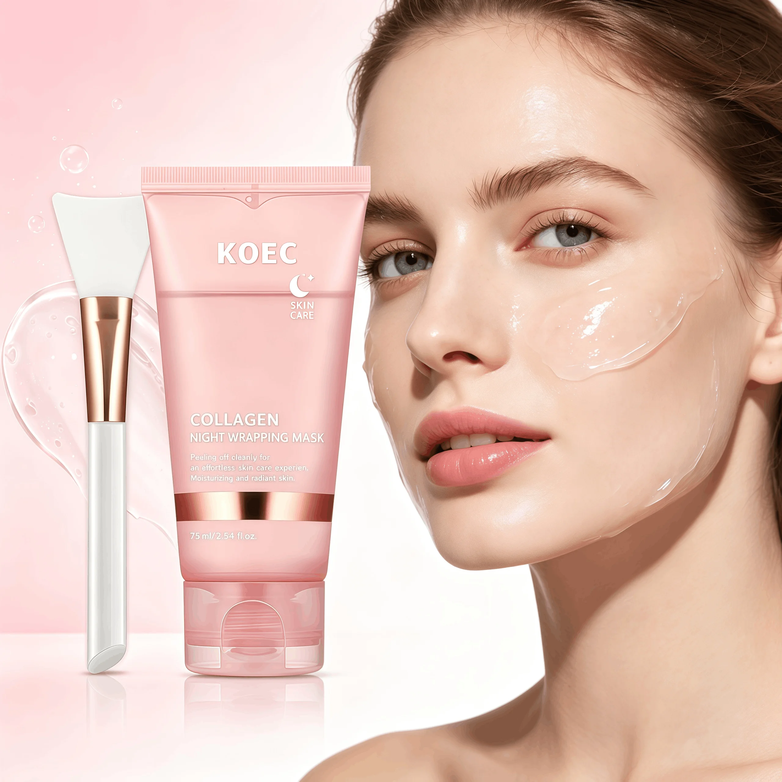 Collagen Peel Off Night Wrapping Mask, KOEC Hydrating Overnight Sleeping Facial Mask with Applicator Brush, Deep Collagen Moisturizer, Revives Dull Skin, Clean Peeling Skincare Mask for Smooth Radiant Complexion