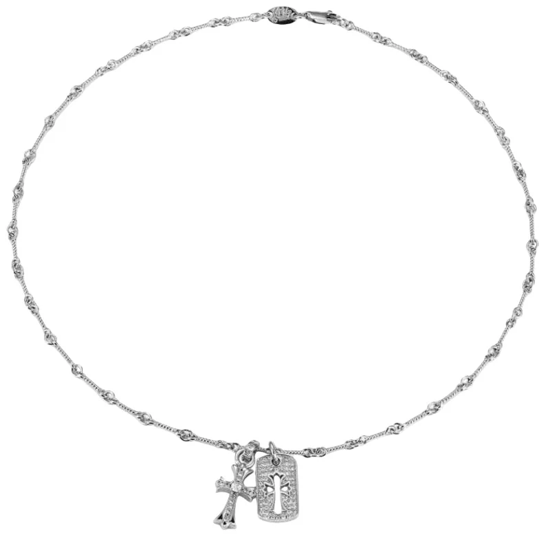 

Sterling Silver Diamond-Encrusted Cross & Dog Tag Pendant Choker: Iconic Gothic Luxury Accessory