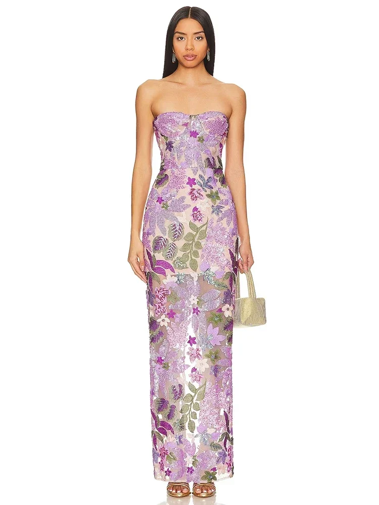 

New Sexy Luxury Floral-Embellished Sequin Long Dress Women Lavender Strapless Flower Sequined Slim Dresses Evening Party Gowns