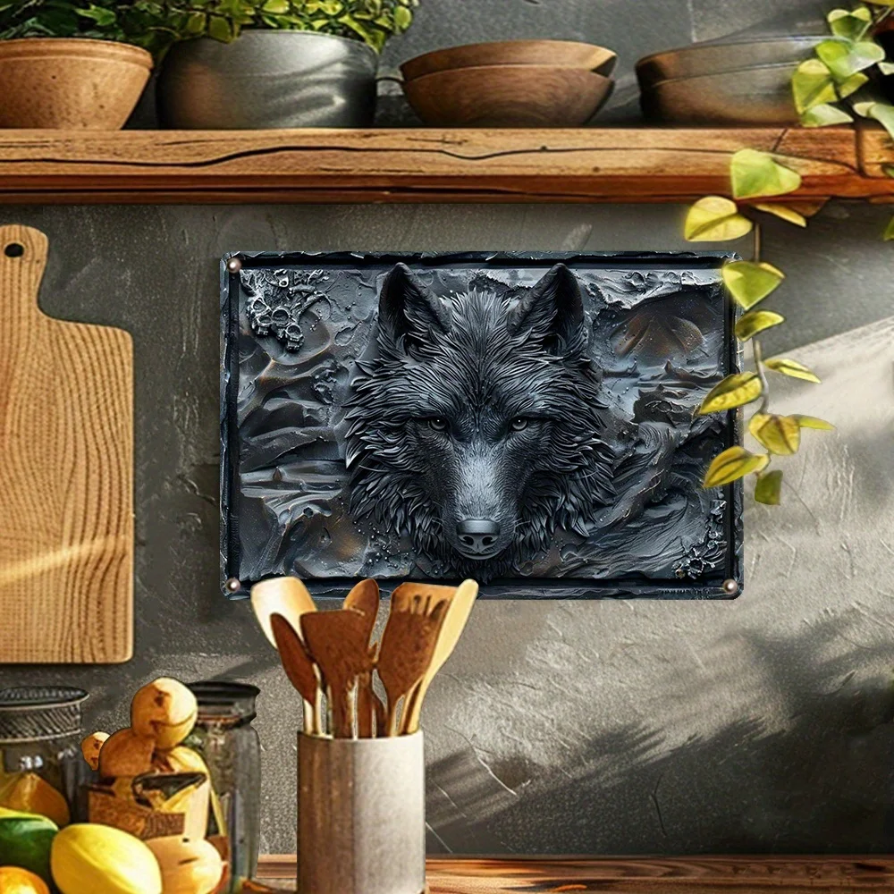 Wolf Embossed Metal Wall Art Sign, Relief Style Decorative Tin Plaque for Home Decor, Rustic Vintage Look Werewolf Theme