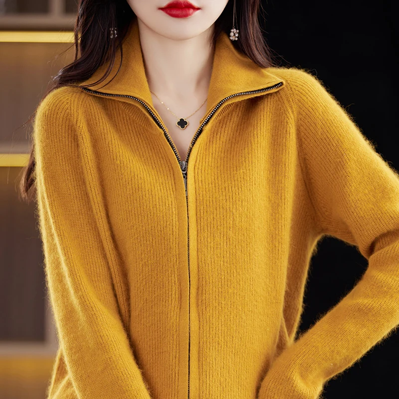 BELIARST 2023 Autumn/Winter New Women\'s Clothing Zipper Cardigan Knitted Sweater Solid Jumper 100% Mink Cashmere BR-093