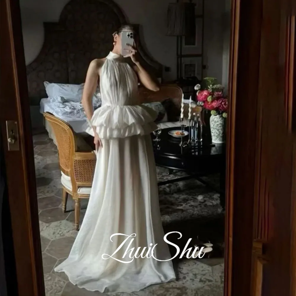 

ZHUISHU Solid Fashion Ruffles Elegant Dresses A Line Tiered Wedding Dresses For Woman High Neck Sleeveless Temperament Dress