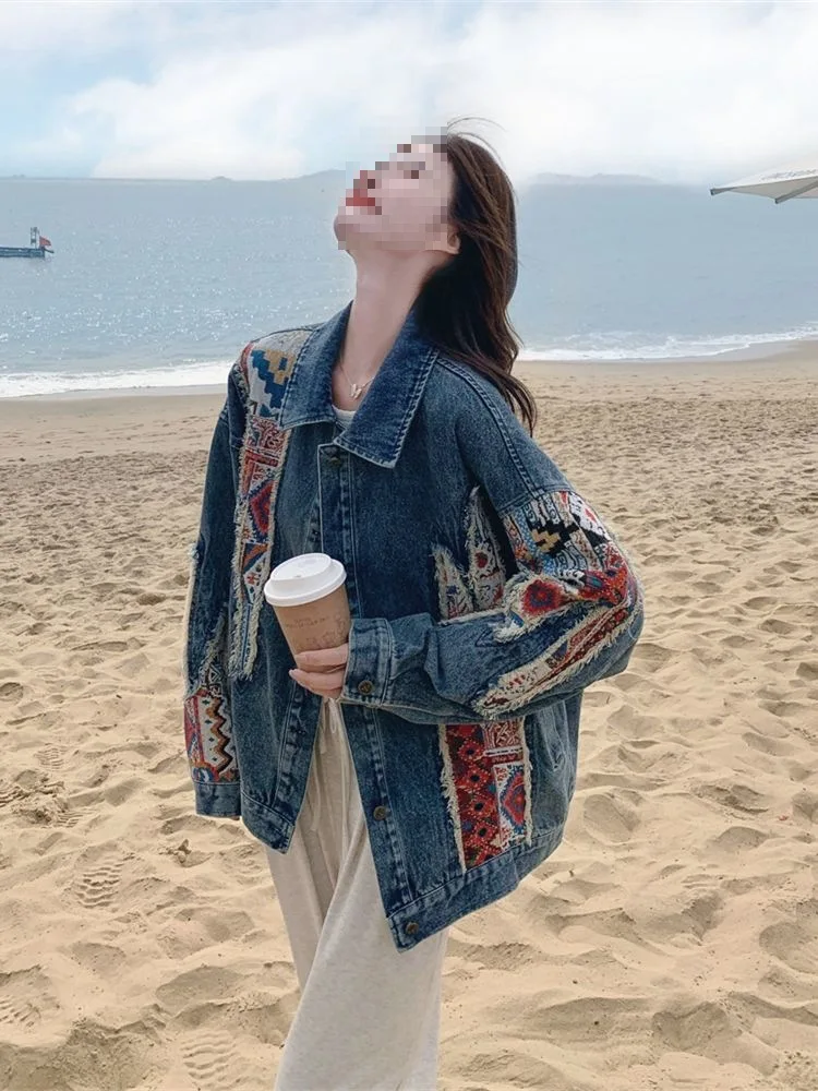 Floral embroidered denim jacket women's spring and autumn new sweet cool fried street American niche jacket top popular