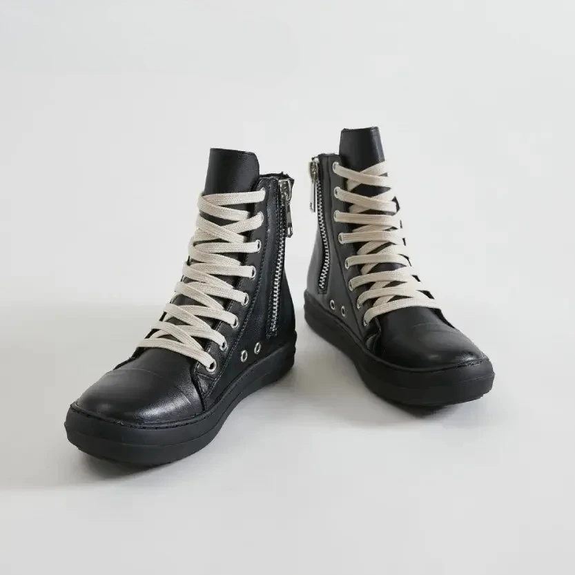 العلامة التجارية خمر تصميم الرجال حذاء من الجلد النساء عالية أعلى أحذية منصة الدانتيل يصل المدرب عادية جلد أسود المدربين أحذية رياضية الإناث #2