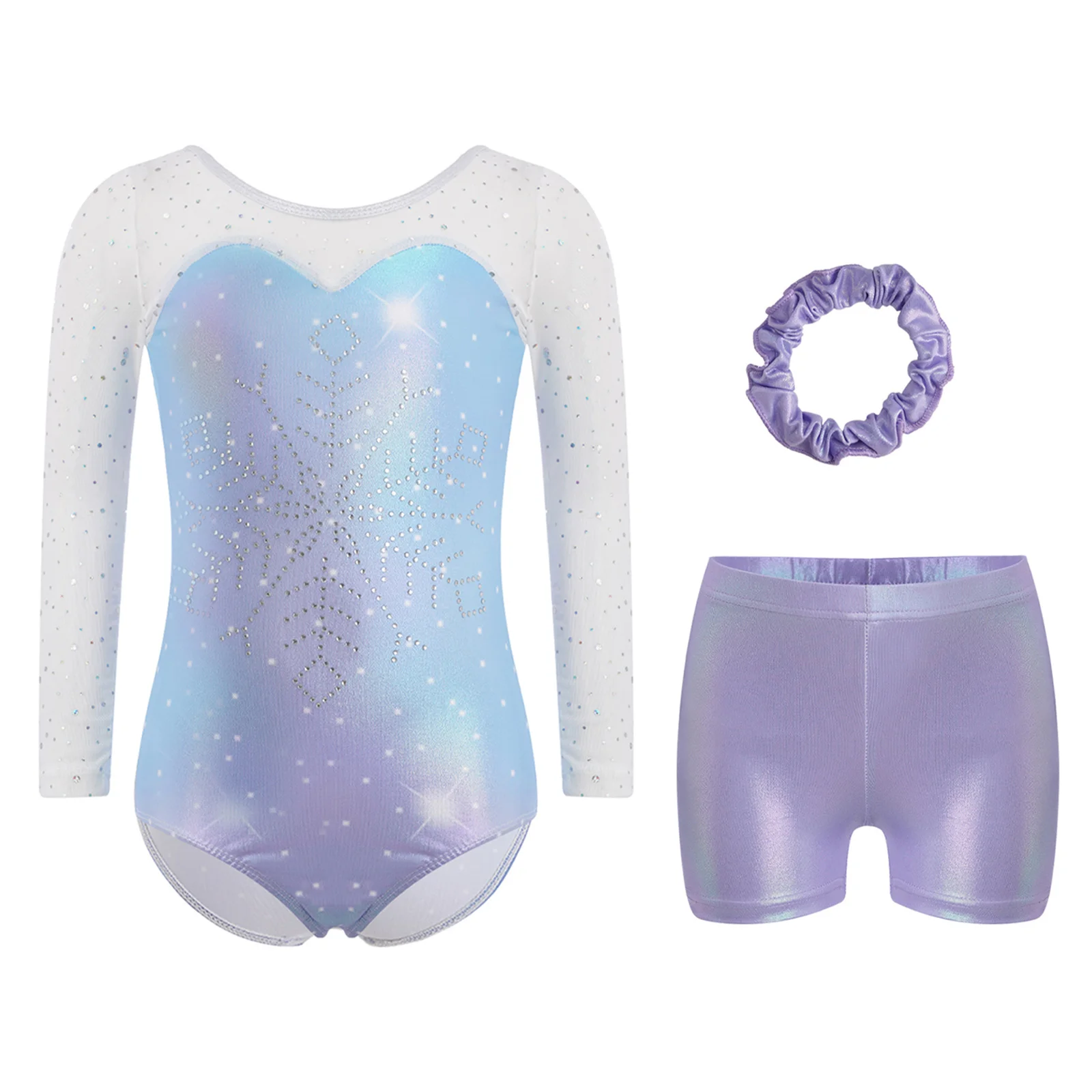 Kids Girls Ballet Rhinestones Snowflake Gymnastics Dance Outfit Long-sleeve Mesh Patchwork Metallic Leotard with Shots Hairband
