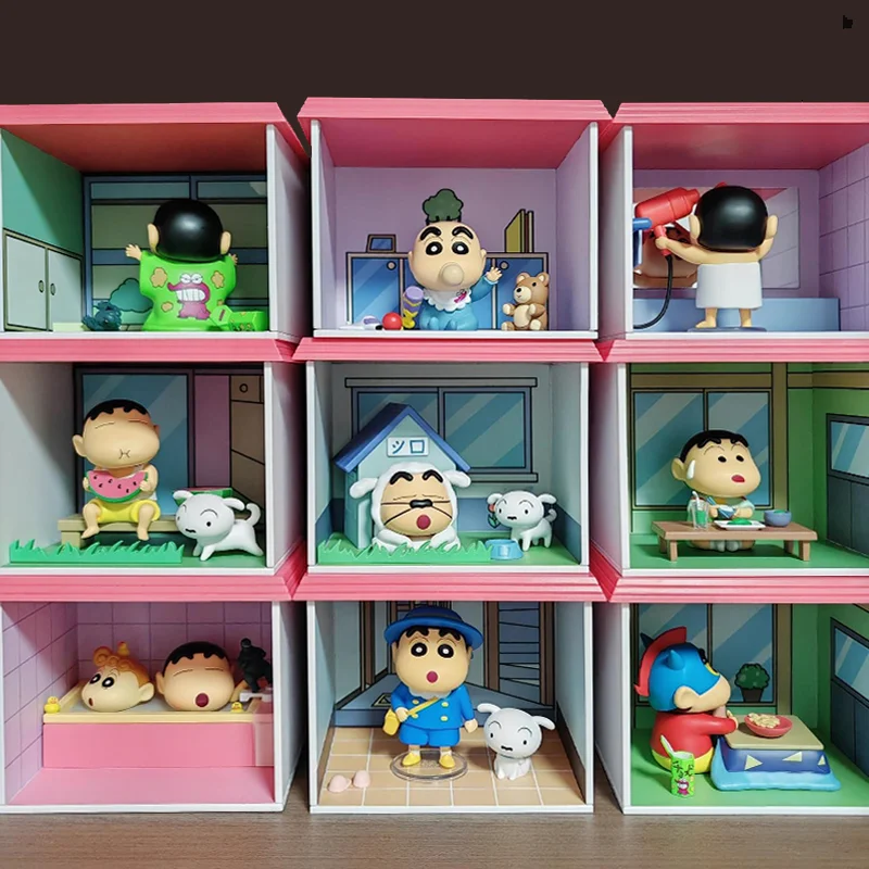 Crayon Shin-Chan genuino, 52 juguetes, caja misteriosa, serie Kasukabe, figura de casa, modelo coleccionable de moda, regalo, caja misteriosa, juguetes ornamentales