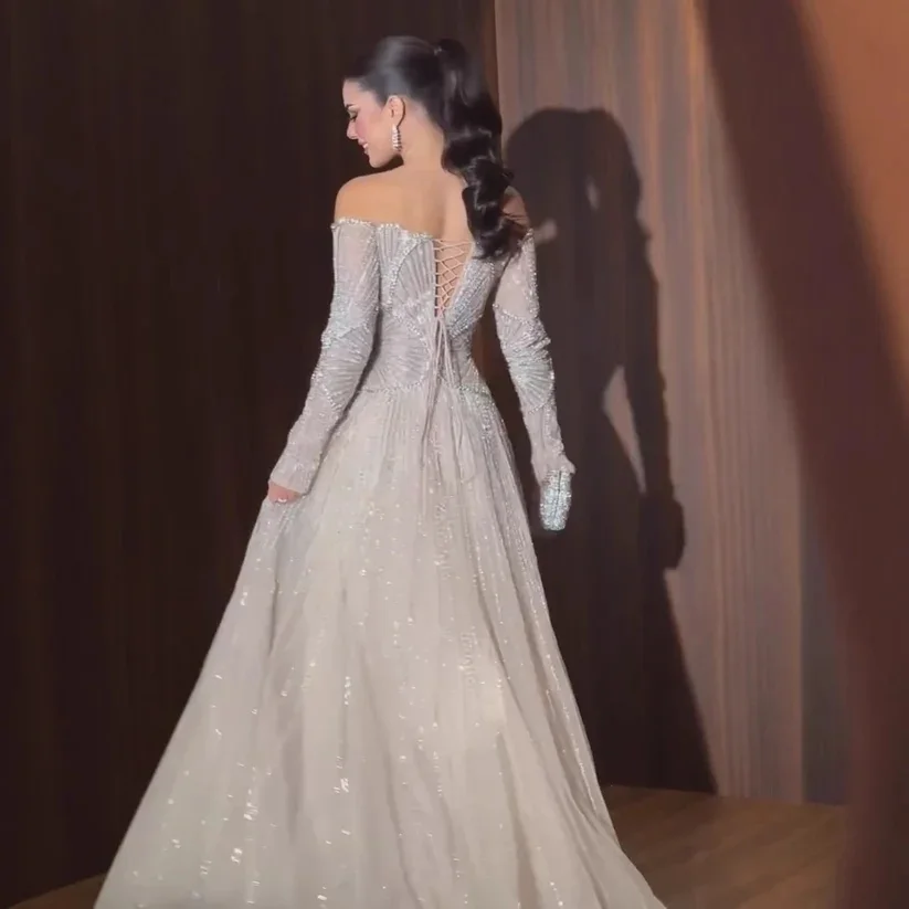 تصميم جديد ألف خط فاخر قبالة الكتف كم طويل مطرز الترتر تول مساء السجادة الحمراء حفل زفاف ضيف فستان حفلة كوكتيل