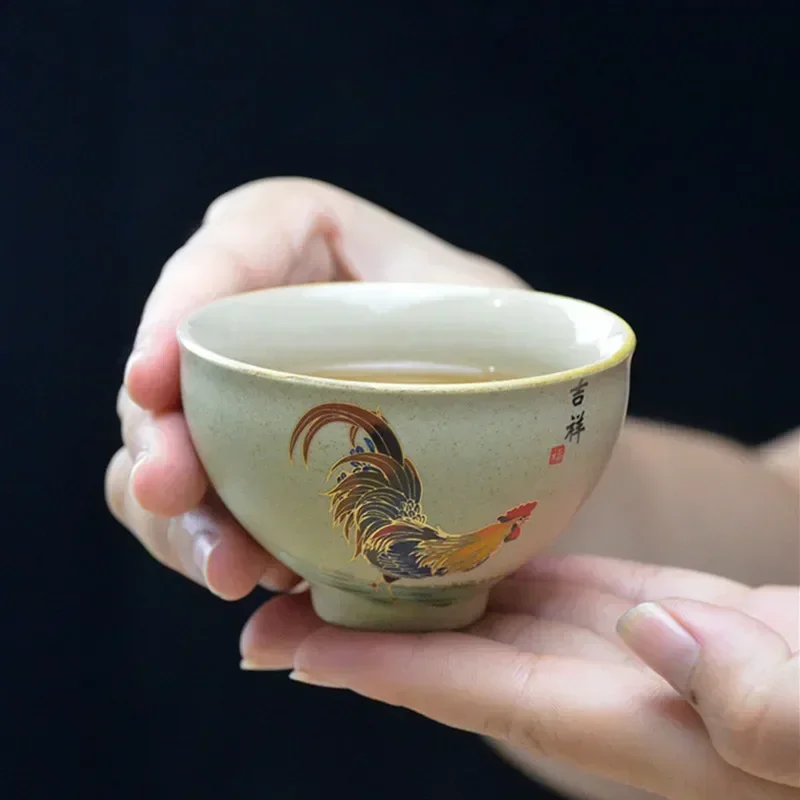 Antique Pottery Ceramic Teacup Hand Painted Cock Tea Cup Travel Portable Tea Bowl Pu\'er Master Cup Chinese Tea set Accessories