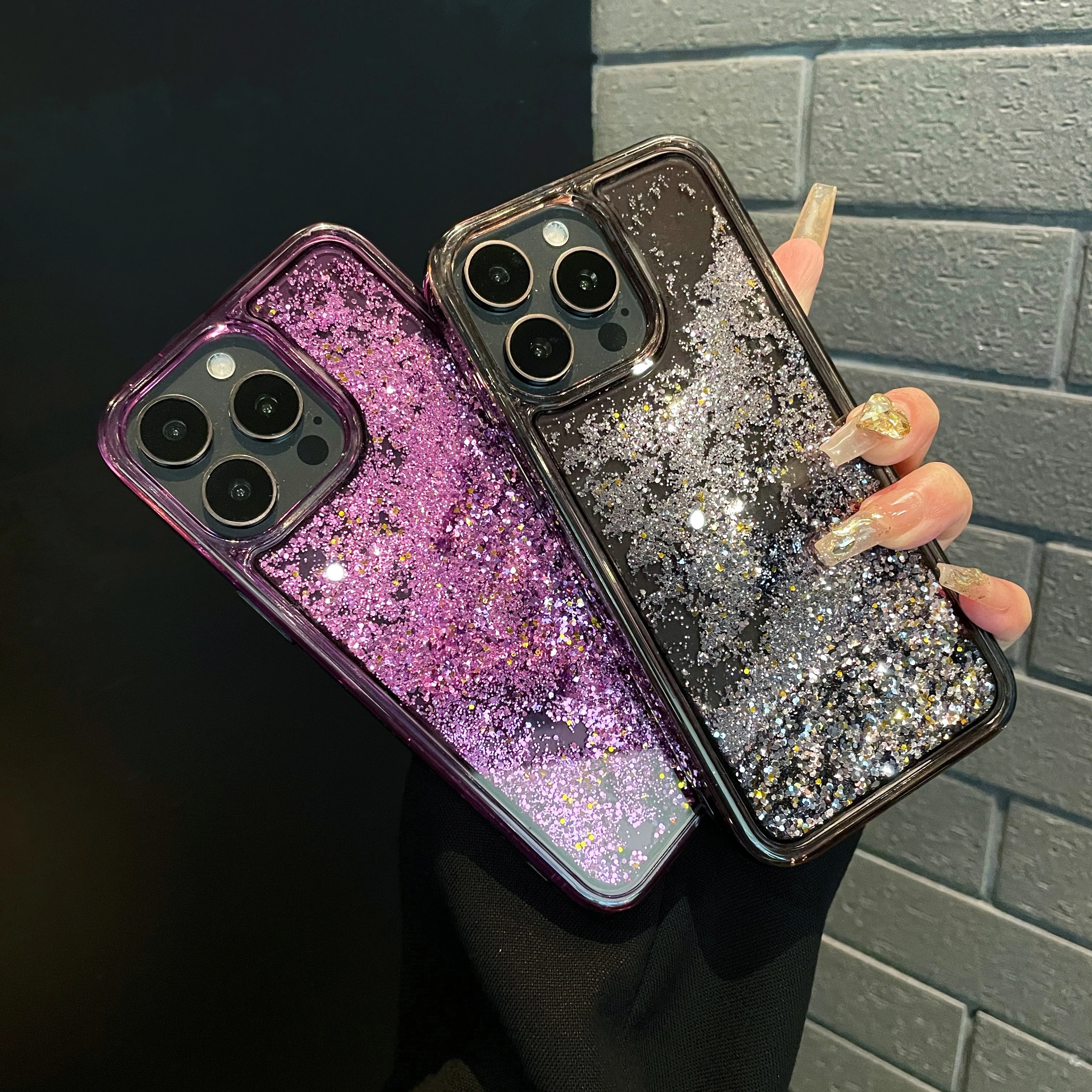 Luxury Purple Silver Glitter Dynamic Liquid Quicksand Phone Case For iPhone 15 14 13 12 11 Pro Max Sequins Moving Sand Carcasas