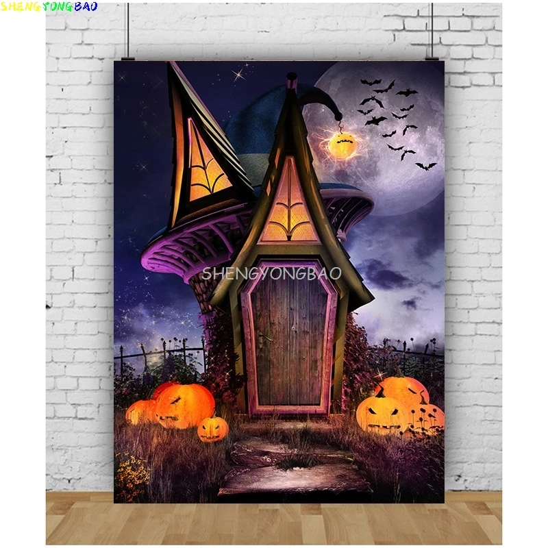 

Autumn Thanksgiving Day Photography Backdrops Fall Scary Pumpkin Barn Moon Halloween Day Party Castle Photo Background NG-04