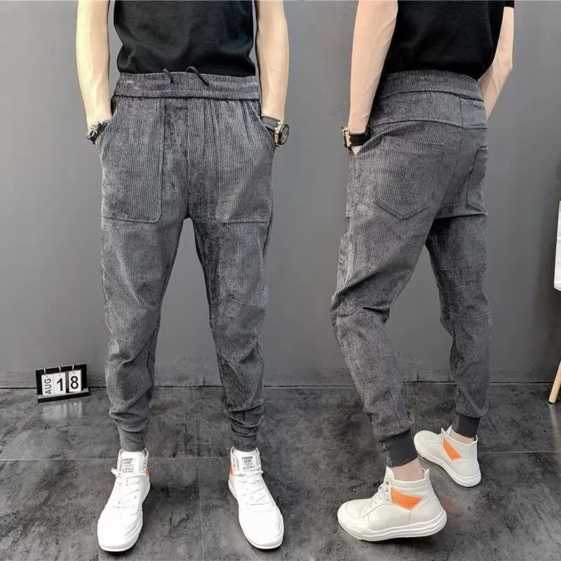 Moletom de veludo forrado de lã masculino, calça casual Slims, calça harém na moda, calça de jogging Rib Leg, calça Y2K