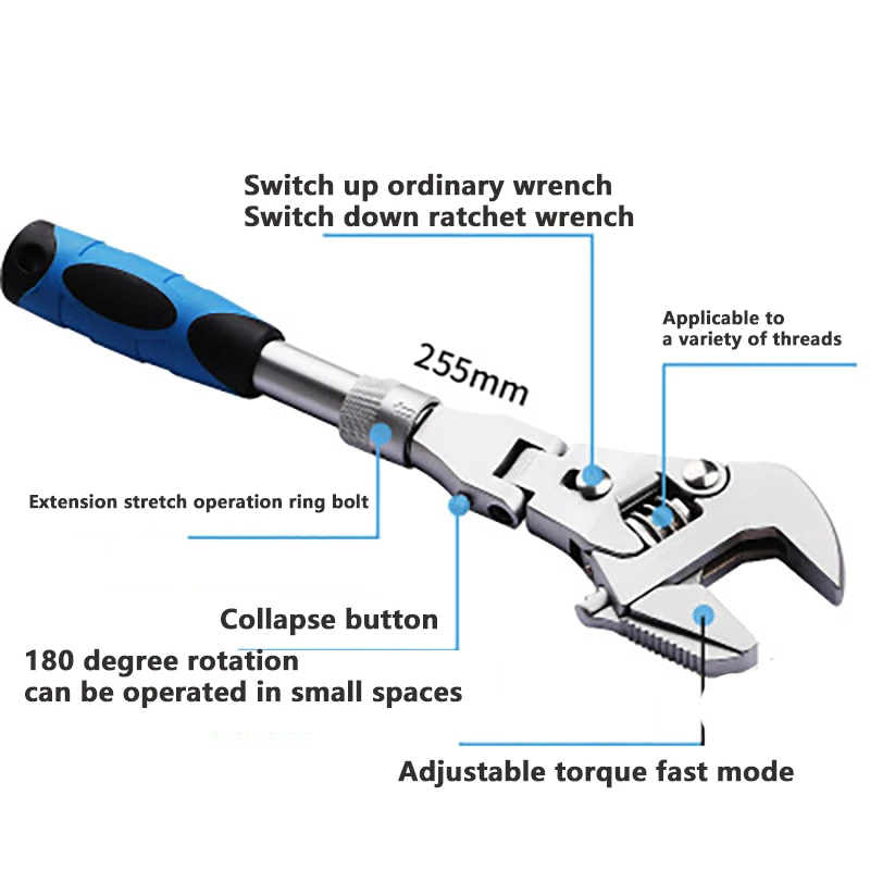 7 / 10 Inch Ratchet Adjustable Wrench 5-in-1 Torque Wrench Can Rotate And Fold 180 Degrees Fast Wrench Pipe Wrench Repair Tool