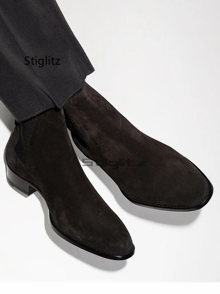 Black Suede Elastic Chelsea Boots Men Classic Low Heels Business Casual British Style Slip On Ankle Boots Autumn Dress Shoes