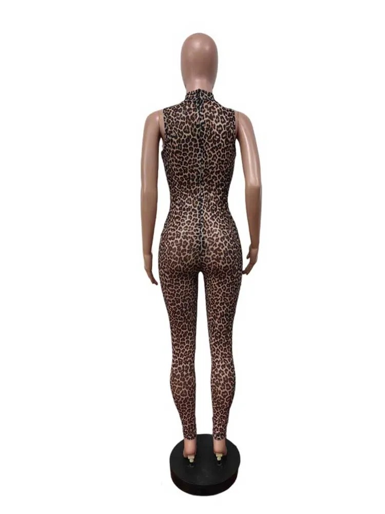 여성을위한 전체 길이 점프 슈트 원피스 스키니 여성 점프 슈트 홀터넥 넥 레오파드 프린트 점프 슈트 도매 Dropshipping