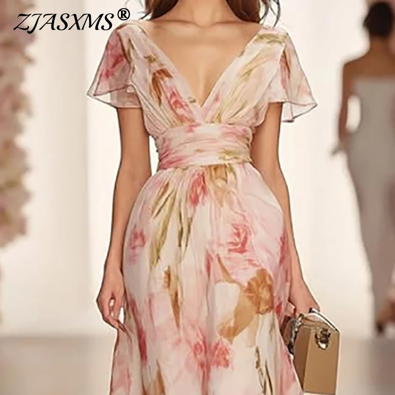 Robes for Woman Floral Print Holiday Dress Spring Sexy V Neck High Waist Long Dress Summer Short Sleeve Boho Maxi Dress Vestidos