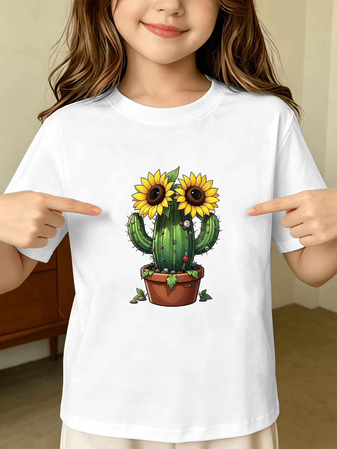 Potted Cactus With Sunflower Eyes Cute Plant Graphic Kids T Shirt Boys Girls Family Matching Summer Crew Neck Short Sleeve Tee
