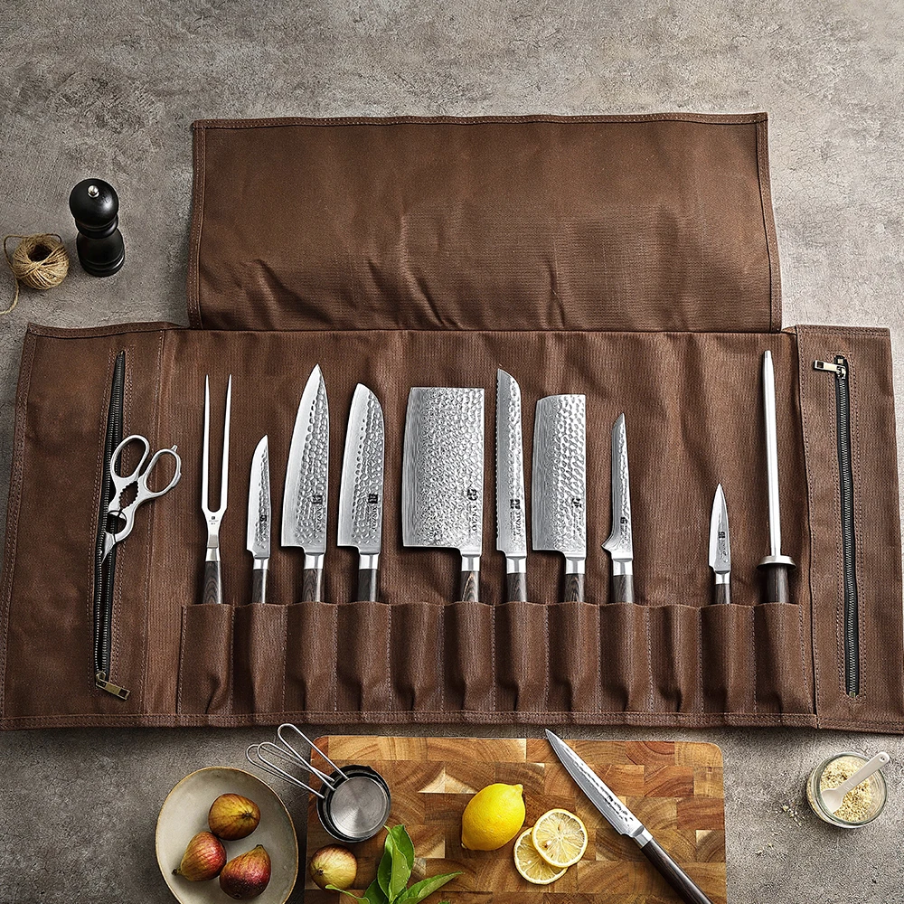 XINZUO 12 Knife Slots + 2 Zipper Bags Kitchen Knife Storage Roll Up Bag Portable Thickened Canvas Professional Chef Cover