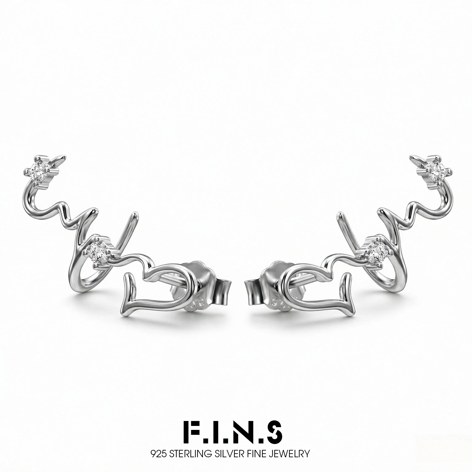 F.I.N.S Electrocardiogram S925 Sterling Silver Stud Earrings For Women Irregular Lines Heart  Zircon Piercing Ear Studs Jewelry