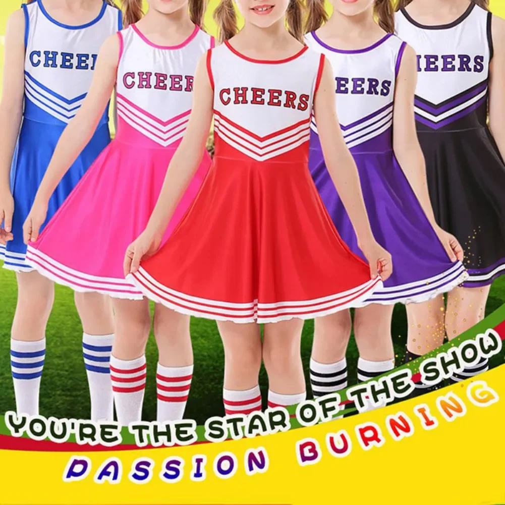 

Kid Girls Cheerleader Costume Dress Pompoms Outfit Purim Schoolgirl Cheer Stage Performance Cheerleading Uniform