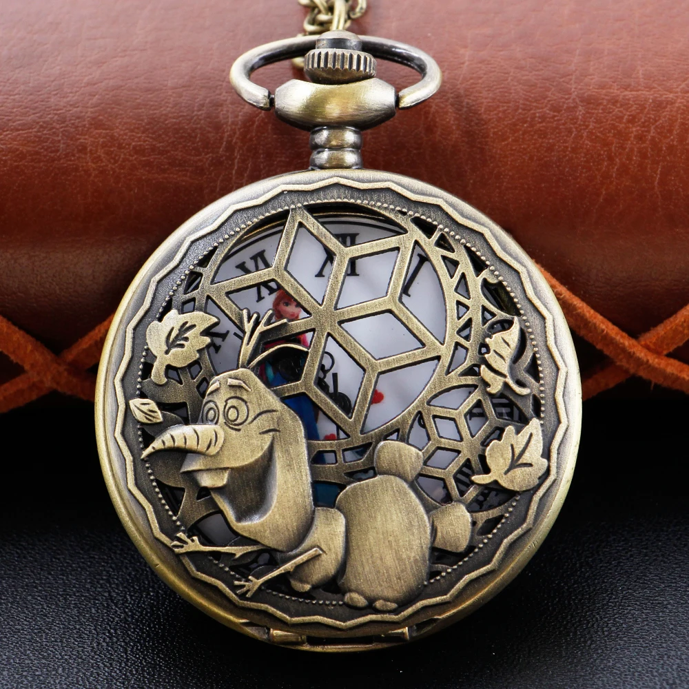 Cute Anime Cartoon Fairy Tale Princess Snowman Hollowed Out Quartz Pocket Watch Retro with Chain Necklace Pendant Jewelry Clock