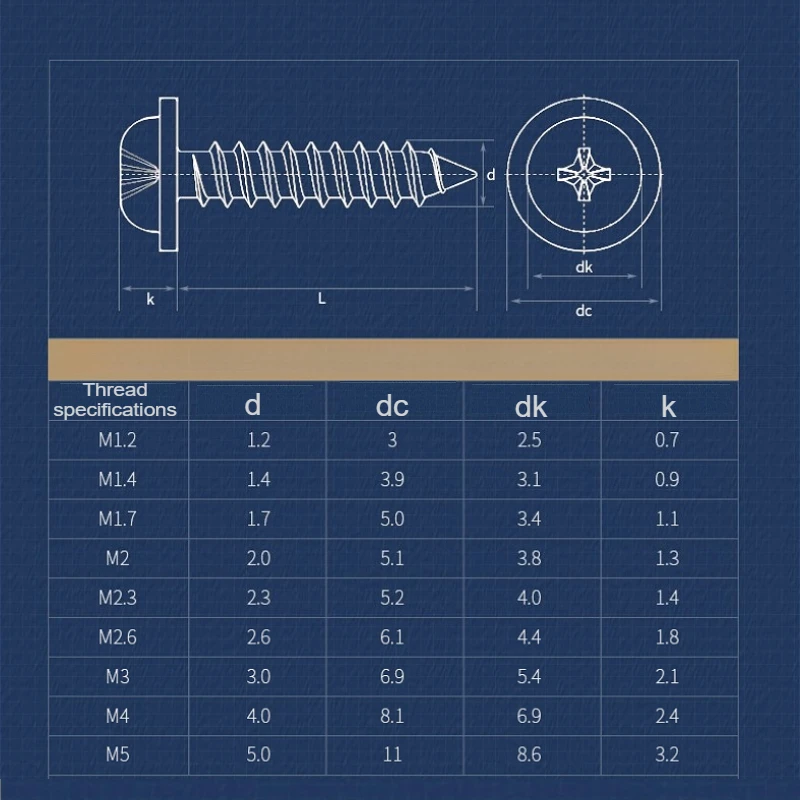M1.2 M1.4 M1.7 M2 M2.3 M2.6 M3 M4 PWA Nickel Plated Carbon Steel  Phillips Cross  Round Pan Head With Washer Self Tapping Screw
