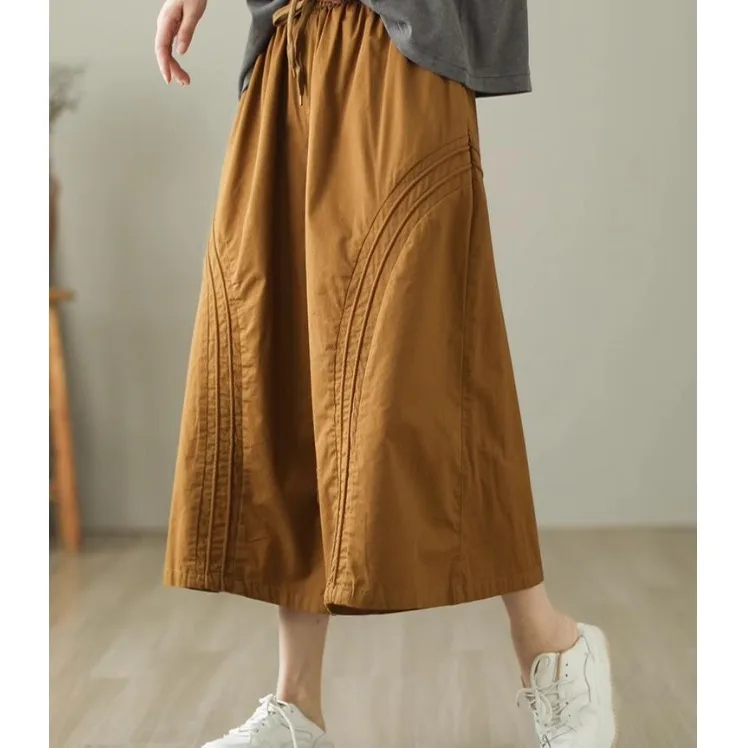 Retro algodão gingham calças de perna larga feminina verão solto simples cintura elástica nove pontos cinto calças saia casual