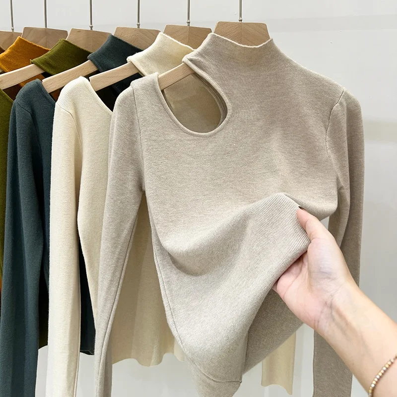

Shoulder Bared Thickened Winter Sweater Half High Collar Inner Wear for Women Korean Style Commute Fashion Pure Color Long Sl...