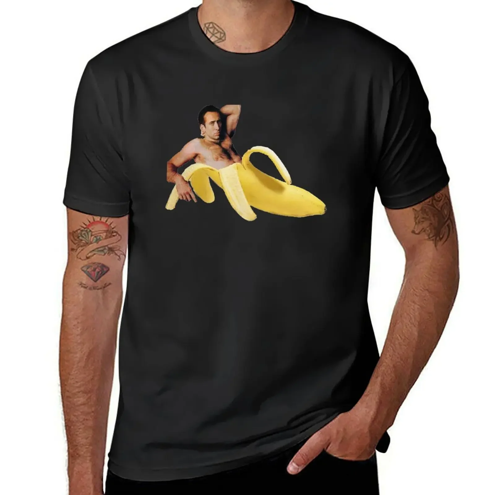 

Nicolas Cage Banana Pattern T-Shirt for a boy blue archive man t shirt Men's t-shirt