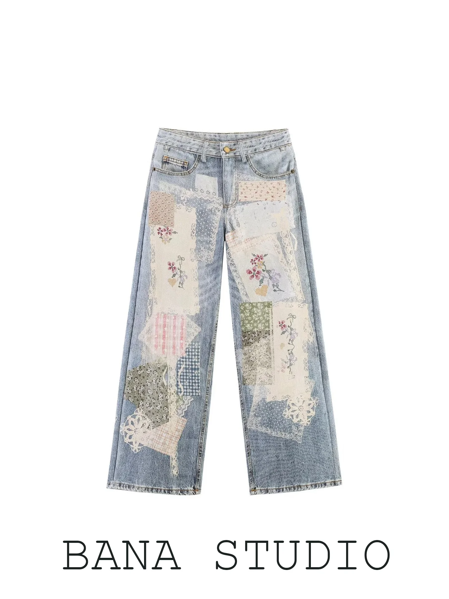 BANA Sweet Floral Patch Printed Wide Leg Straight Jeans Women Summer Thin Denim Long Pants High Waist Zipper Casual Skinnies