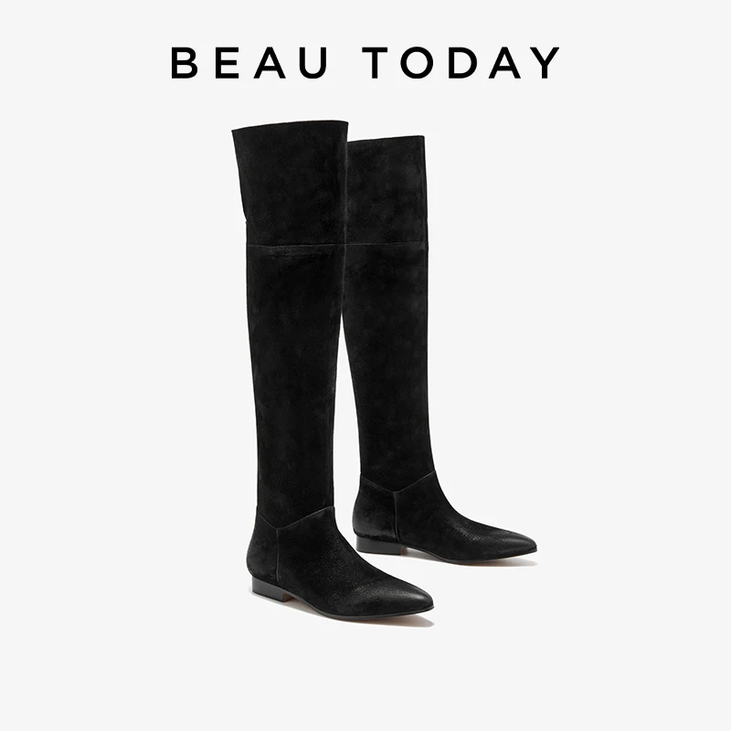 BEAUTODAY Long Boots Women Genuine Leather Pointed Toe Solid Color Over the knee Boots Slip-on Ladies Shoes Handmade 01239