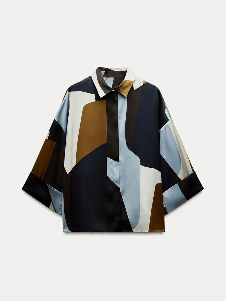 

Spring New Arrival Women's Faionable Versatile Comfortable Silk Satin Feel Printed irt Long Sve Loose Fit Commute Sle