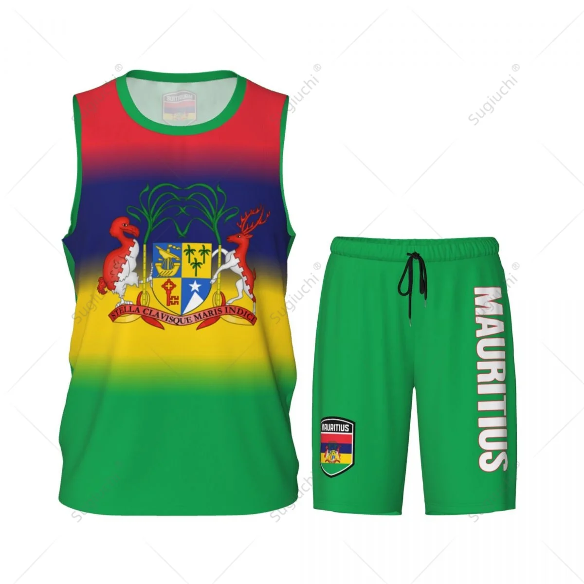 Conjunto de camiseta de baloncesto con bandera de Mauritius para hombre, camisa y pantalones de malla, sin mangas, exclusivo, con nombre personalizado, Nunber, Unisex