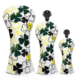 Golf Club Headcovers Lucky Clover White Leather Head Covers Set Golf Club Headcovers for Driver Fairway Hybrid Wood Number Tags