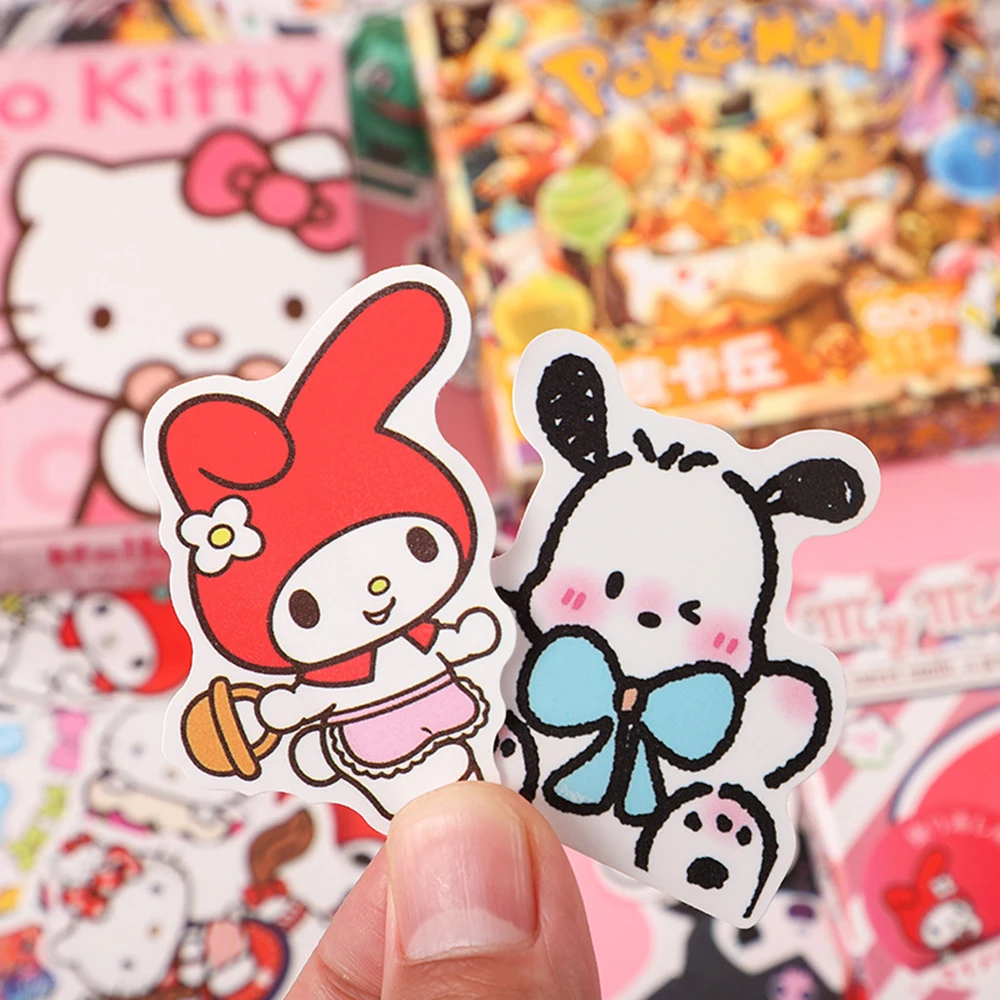 60pcs Cute Sanrio Cartoon Stickers Hello Kitty Kuromi Melody Kawaii Stationery Wall Decals DIY Toys Kids Sticker With Box Gifts