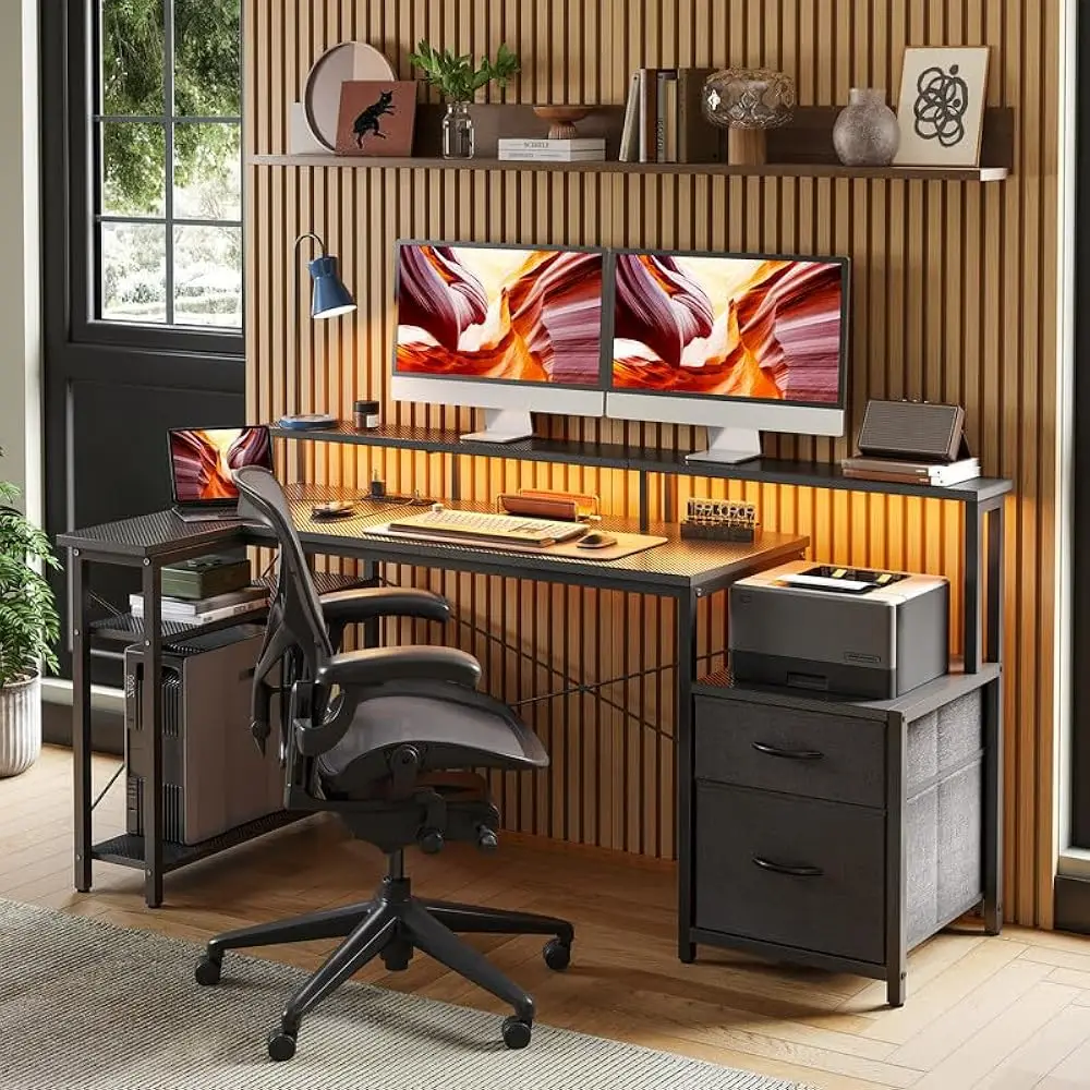 Computer Desk L Shaped With Drawers, 65” Gaming Desk With Power Outlets And Led Strips, Large L Shaped Corner Desk With Monitor