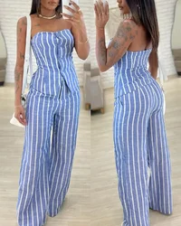 Casual Two-Piece Set Women Striped Print Bandeau Top with Button Front & Wide Leg Pant Sets Spring 2025 Outfits Loose Fit