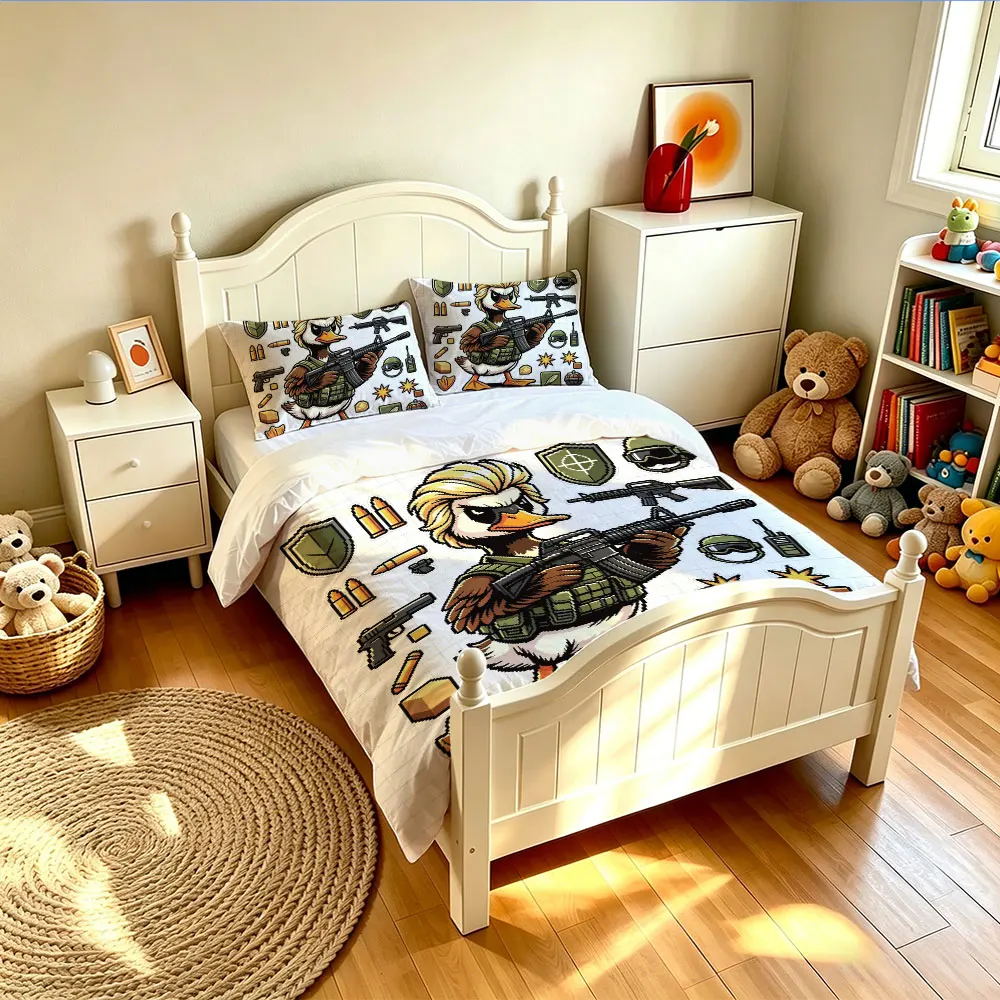 3PCS Pixel Style Tactical Duck Bedding Set, Soft Comfortable Coreless Duvet Cover & Two Pillowcases, Machine Washable, Great