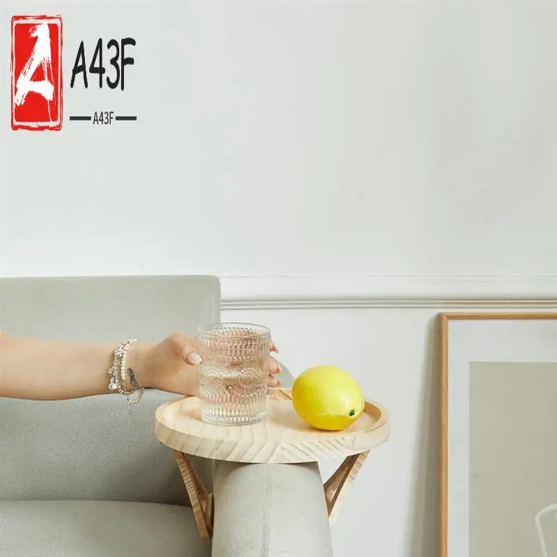 A43F-Round Foldable Wooden Sofa Clip On Side Table For Wide Couches Arm,Armrest Table For Eating/Drinks/Snacks/Remote/Control