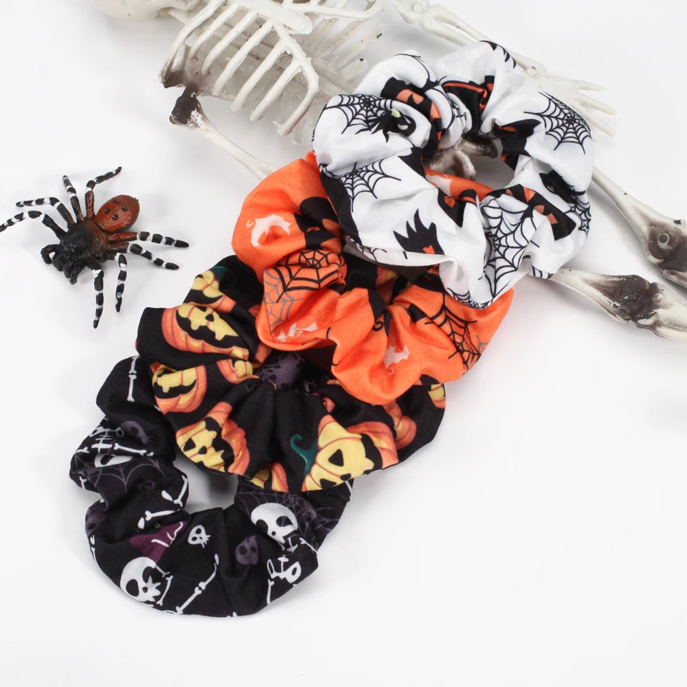 ID:1005005578254225 Ghost Skull, Pumpkin, Spider Web, Bat Pattern Halloween Hair Scrunchies Hair Ties Band
