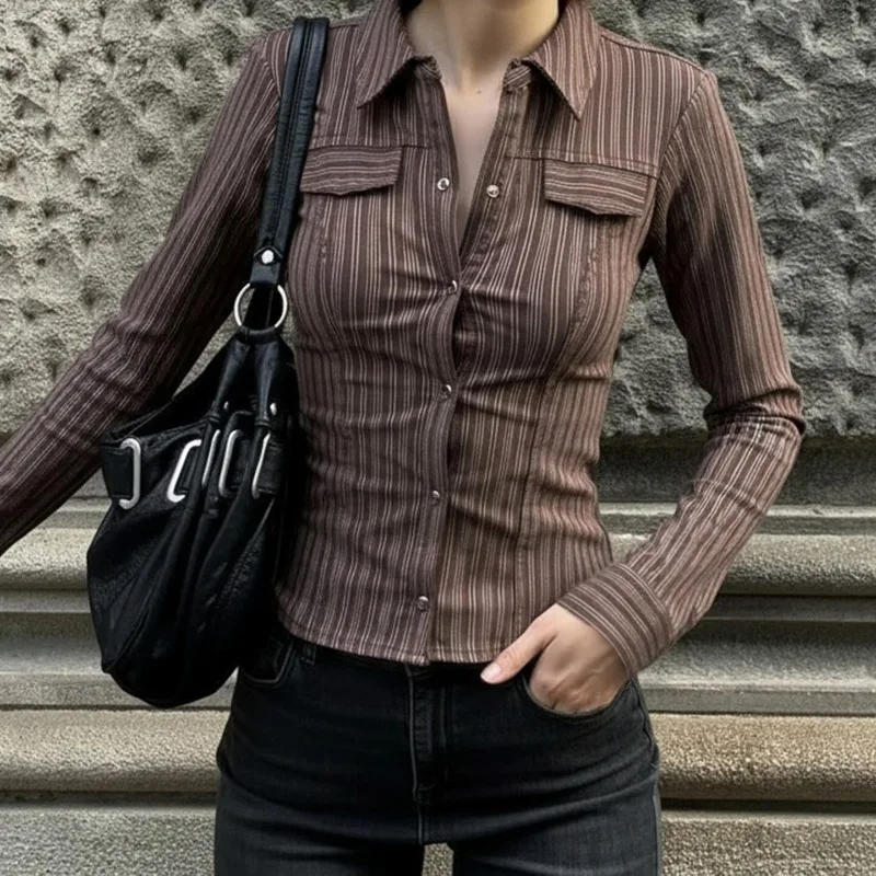Amerykańska seksowna bluzka w paski z długim rękawem, podkreślająca talię, w stylu vintage, brązowa, z dekoltem w serek, Y2k, streetwear, topy, jesienna odzież codzienna do biura.