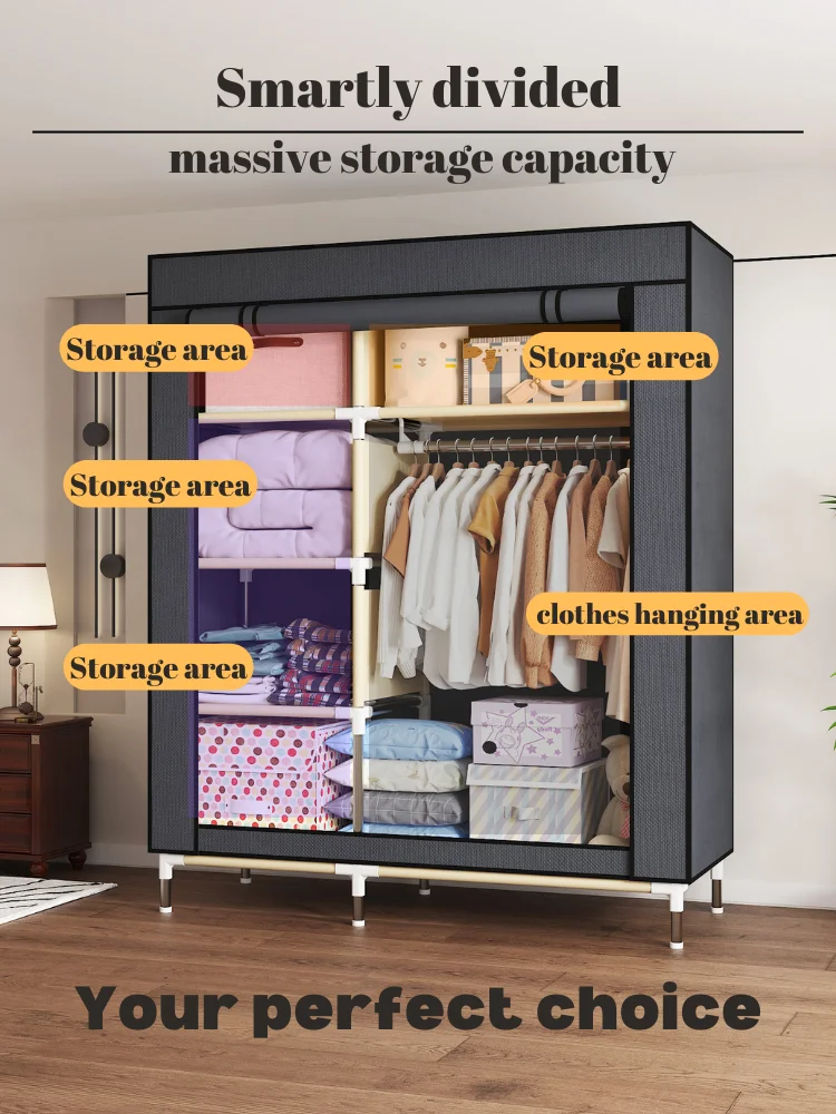 Armoire de chambre à coucher renforcée améliorée, assemblage facile avec 6 étagères et 1 cadre en acier à tige suspendue, placards portables
