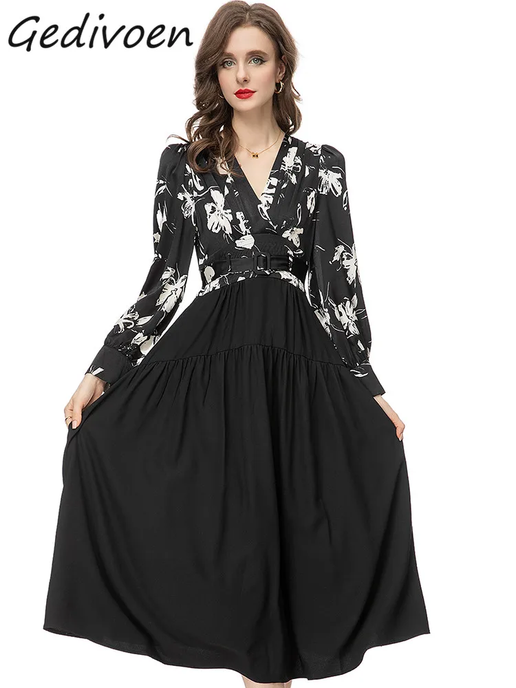 

Gedivoen Spring Fashion Runway Vintage Floral Print Dress Women V Neck Long Sleeve Sashes Gathered Waist Slim A-LINE Long Dress