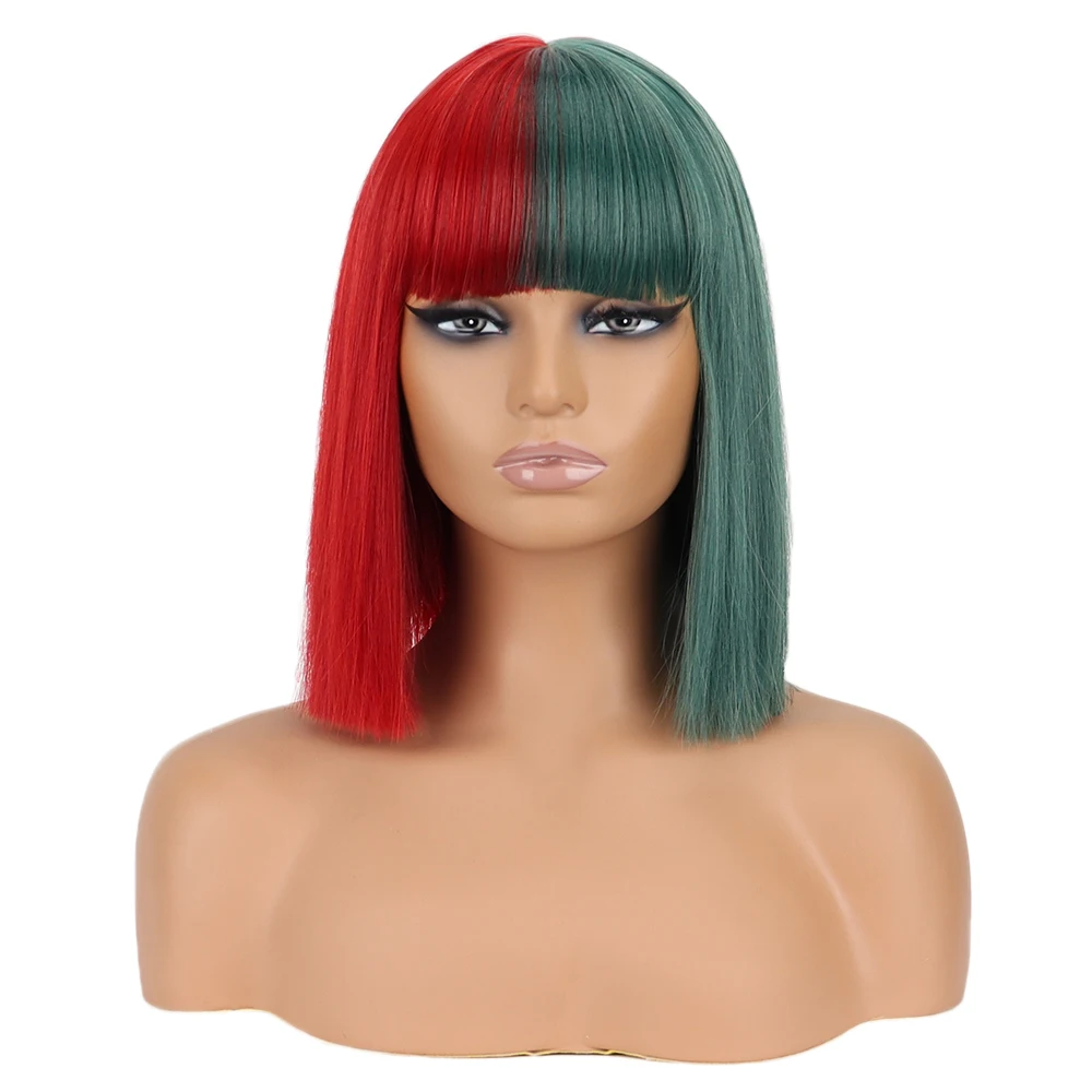 Synthetic Short Straight Red And Green Wigs With Bangs For Women  High Temperature Resistant Material Cosplay Christmas Hair