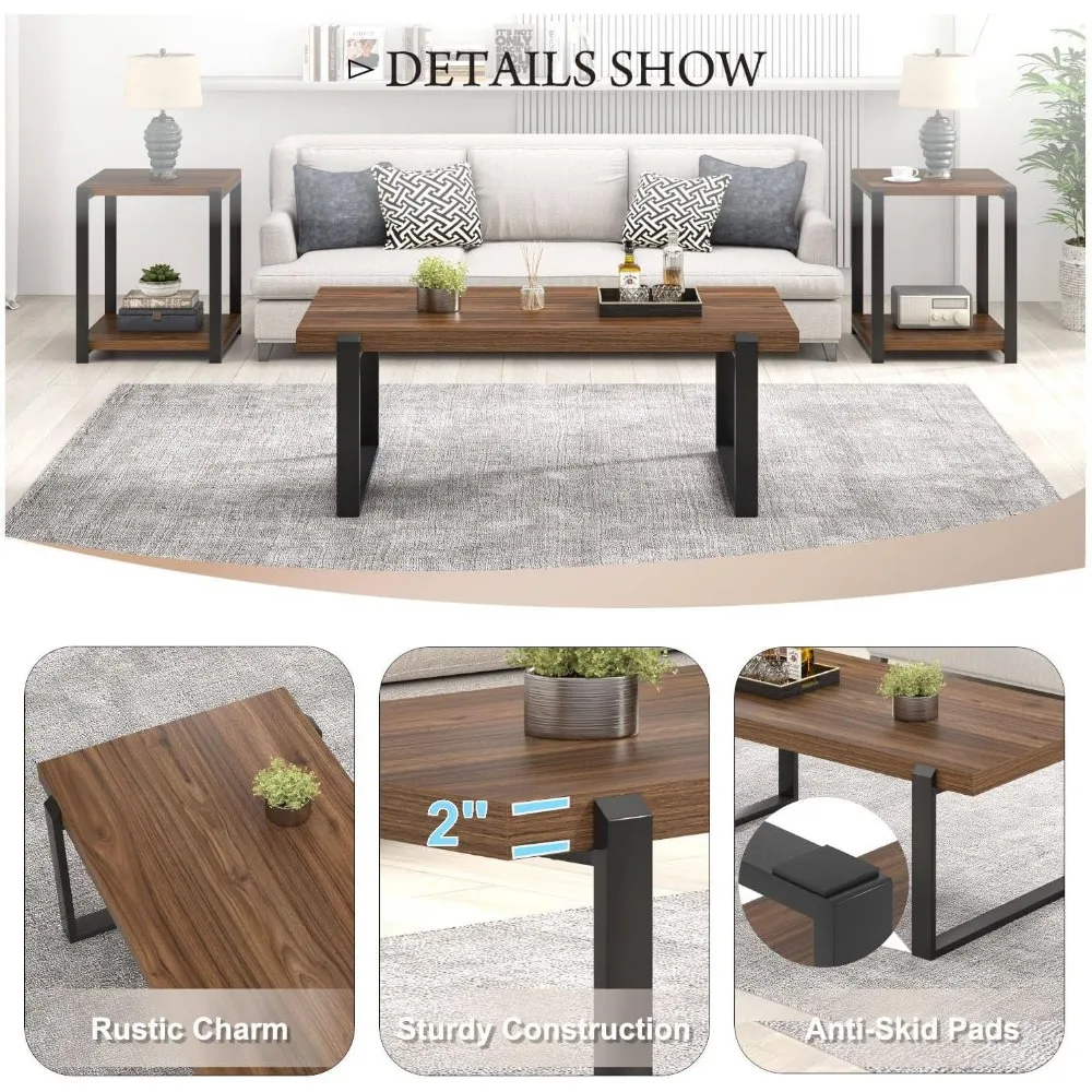 Prostokątny stolik kawowy w stylu rustykalnym industrialnym, wykonany z drewna i metalu, idealny do salonu, wykończenie orzechowe, nowoczesny element centralny.