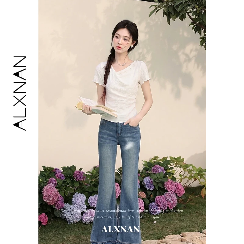 ALXNAN Elegant T-shirt Cowl Neck Pearl Flower Decor Short Sleeve T-shirts 2026 Summer Wave Edge Slim-fit Tops Ladies L63963A