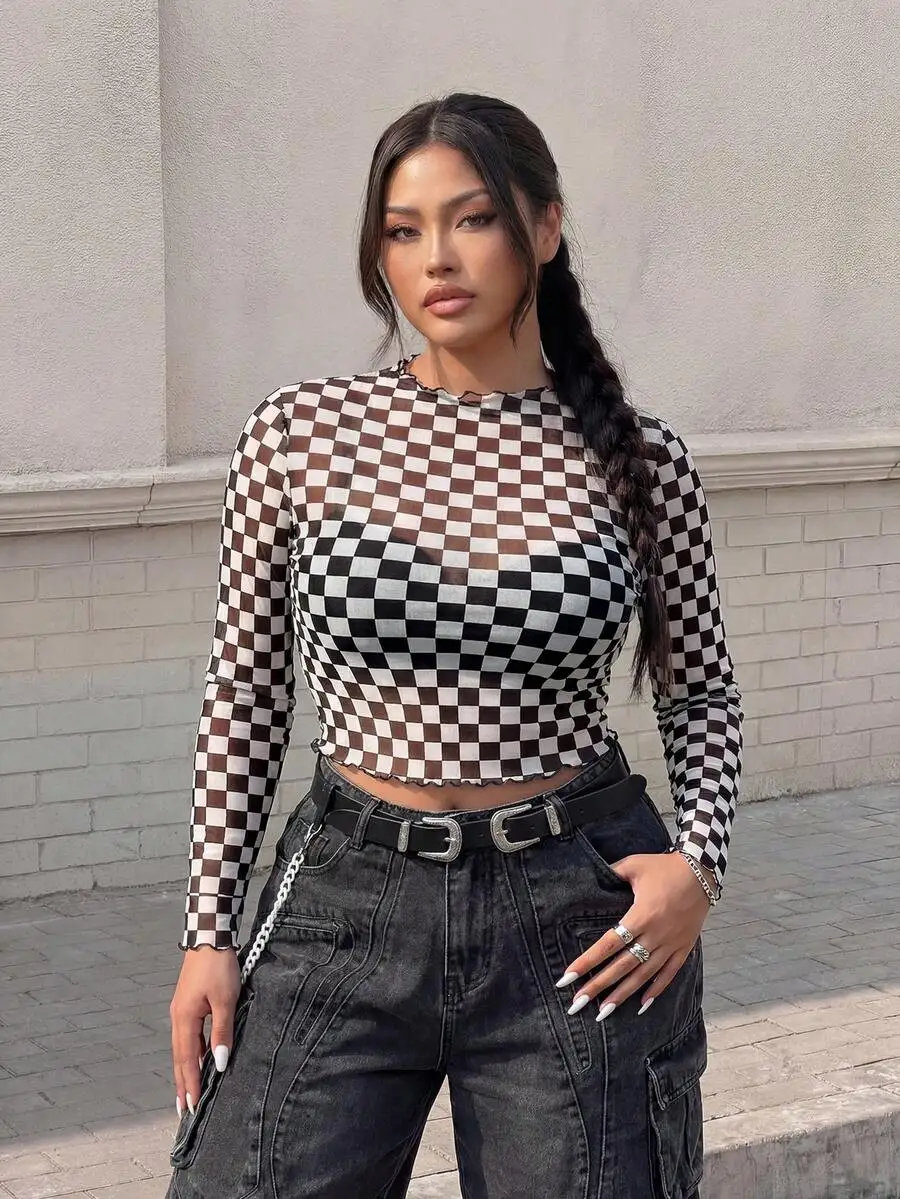 

Checker Print Lace Trim Crop Top Long Sleeve Sheer Women Summer