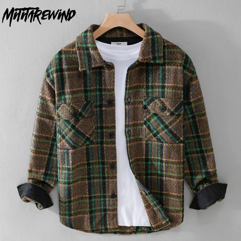 

American Retro Long Sleeve Shirt Men Daily Casual Loose Shirts New Woolen Plaid Shirt with Pockets Fall Winter Fashion Male Tops