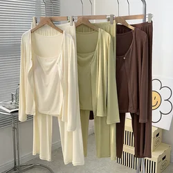 Autumn Sleepwear Women's Homewear Night Suits For Women Pyjamas With Chest Cup Modal 3 Pieces Lounge Set Room Wear
